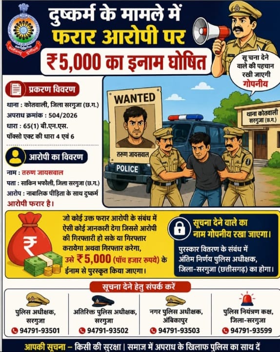 दुष्कर्म के मामले में फरार आरोपी पर ₹5 हजार का इनाम घोषित, सूचना देने वाले की पहचान रहेगी गोपनीय