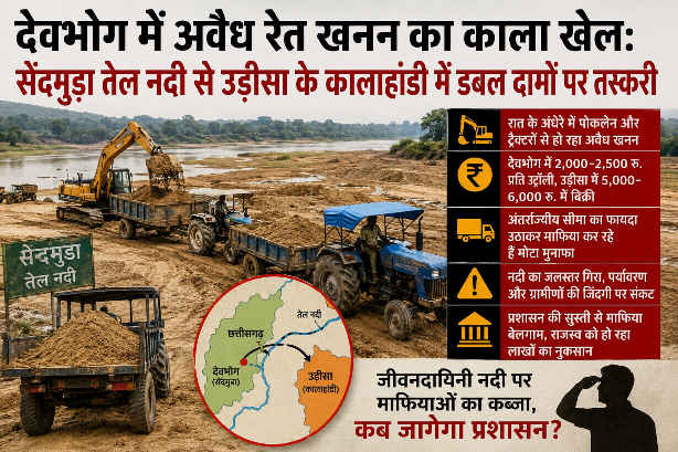 देवभोग में अवैध रेत खनन का काला खेल: सेंदमुडा तेल नदी से उड़ीसा के कालाहांडी में डबल दामों पर तस्करी