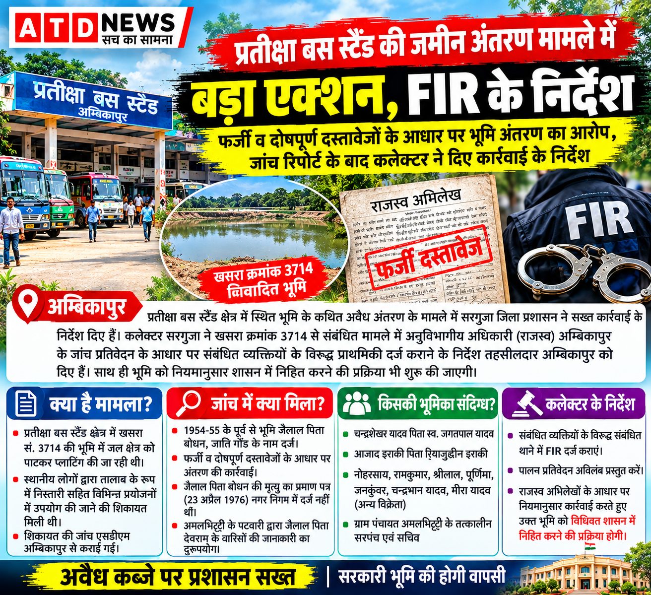 प्रतीक्षा बस स्टैंड की जमीन अंतरण मामले में बड़ा एक्शन, FIR के निर्देश