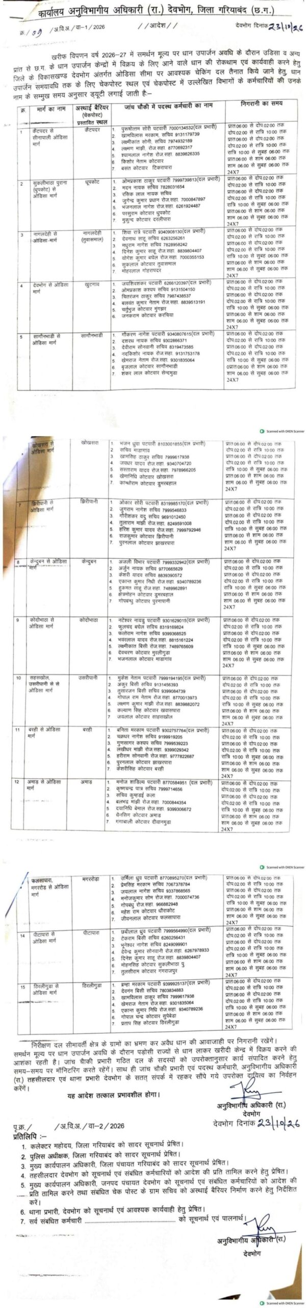 धान खरीदी चालू होने से पहले देवभोग में सुरक्षा सख्त, अंतरराज्यीय नाकों पर राजस्व विभाग, पंचायत सचिव व रोजगार सहायकों की सूची जारी
